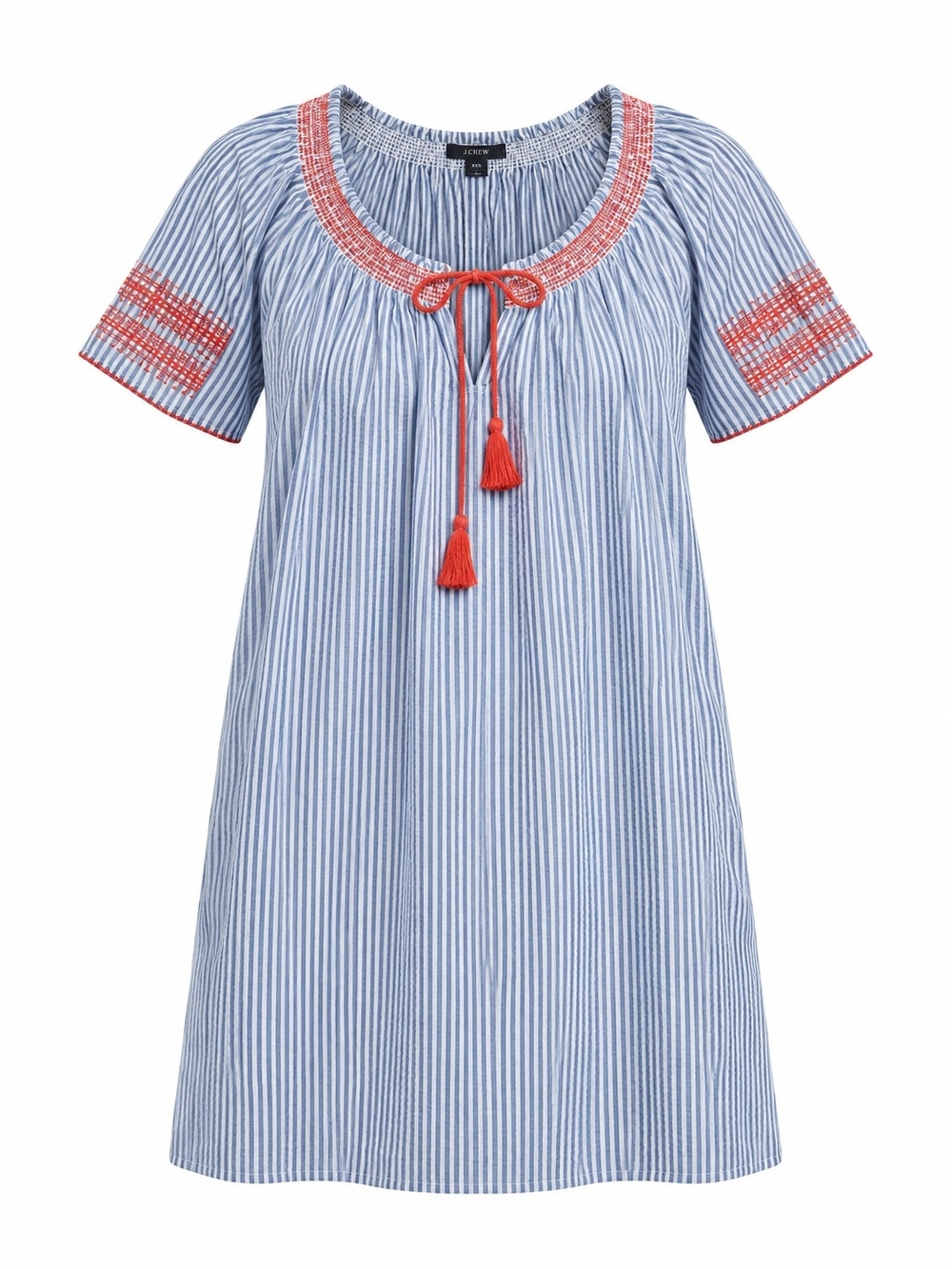 J.CREW | Blue Stripe Seersucker Embroidered Tassel Tunic Dress Swim Cover | XXS